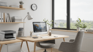 Dagelijkse Routines Vereenvoudigen met Slimme Tips: Zo Doe Ik Het Ultra-minimalistisch Nederlands kantoor met lichthouten bureau, ergonomische stoel, planten en naturlijk licht, georganiseerd met Scandinavian esthetiek.