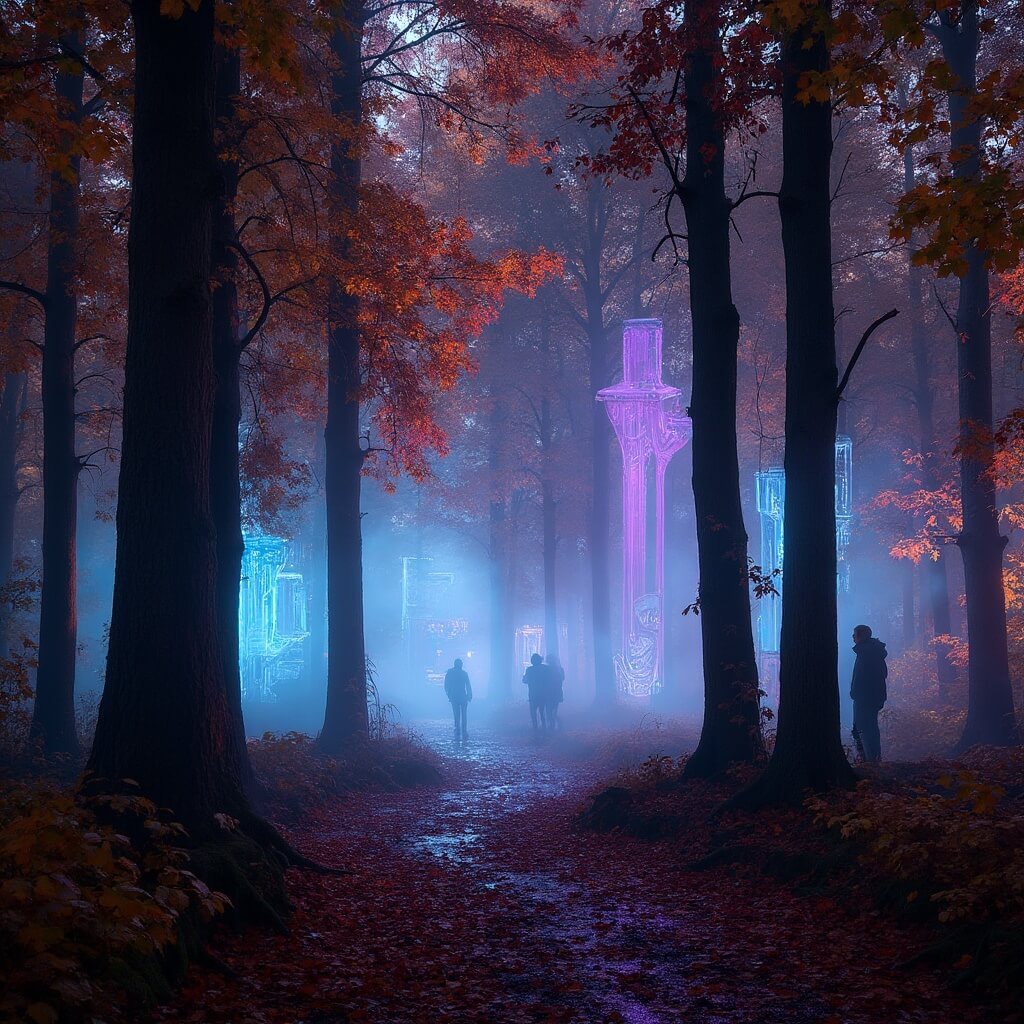 Ethereal autumn evening scene in Kralingse Bos forest featuring mystical light projections among tall trees, illuminated beams highlighting golden and crimson leaves, glowing installations creating colorful reflections on damp paths, and fog weaving through dark trunks, with visitors silhouetted against vibrant art displays and a carpet of burgundy and amber leaves.