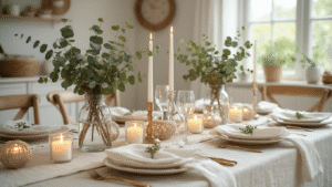 Zelf Feestelijke Tafeldecoratie Maken: Creatieve DIY Ideeën voor de Feestdagen Close-up van een feestelijke Nederlandse tafeldecoratie met glazen vaasjes gevuld met eucalyptus, LED lichtjesslinger, witte kaarsen, handgeborduurde crème servetten en macramé ringen, op een linnen tafelkleed, in warme gouden uur verlichting.