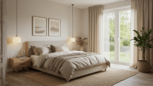 Gastenverblijf Stylen Voor Comfort: Zo Maak Je Van Elke Gast Een Terugkerende Bezoeker Ultra-realistische Nederlandse gastenkamer met zachte verlichting, een queensize bed, handgeweven plaid, vintage fauteuil, en warme kleurnuances.