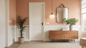 Geef Je Hal Een Make-Over: Van Saai naar Sensationeel Transformatie van een Nederlandse hal met warme ochtendverlichting, zachte perzikmuur en elegante houten sidetable, voorzien van een cluster spiegels en een monstera plant, en een kleurrijke deurmat met luipaardprint.