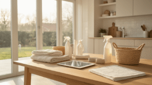 Organisatie van Huishoudtaken: Zo Krijg Je Écht Structuur in Je Huis Stijlvol georganiseerd Nederlands huishoudstation met schoonmaakspullen op lichthouten tafel, zachte ochtendlicht en moderne minimalistische keuken op achtergrond.