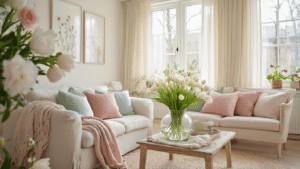 Lente in Huis Halen: Seizoensgebonden Styling die je Interieur Laat Ademen Lichte Nederlandse woonkamer met crème bank, pastel kussens, verse bloemen en natuurlijke accenten, warm en uitnodigend in lentestijl.