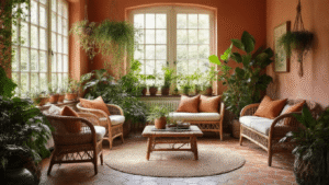 Planten Combineren op Kleur en Textuur: Mijn Eerlijke Gids voor een Fantastische Tuin Een serene Nederlandse serre met natuurlijk licht, voorzien van smeedijzeren details, vintage rotan meubels in saliegroen en terracotta. Gevarieerde potplanten zoals paradijsvogel en monstera sieren de ruimte, omringd door klassieke hexagonale vloertegels en geweven textiel. Macramé hangers dragen bij aan de warme botanische sfeer, verlicht door zacht middaglicht in een rustieke setting met aardse kleuren.