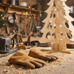 Een gezellige Nederlandse werkplaats met een rustieke werkbank vol gereedschap en zaagsel, waarin een deels geconstrueerde houten kerstboom staat, omgeven door warme verlichting en natuurlijk daglicht.