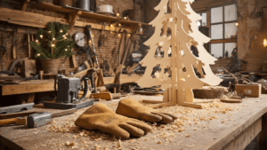 Een gezellige Nederlandse werkplaats met een rustieke werkbank vol gereedschap en zaagsel, waarin een deels geconstrueerde houten kerstboom staat, omgeven door warme verlichting en natuurlijk daglicht.