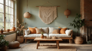 Creatieve DIY-projecten voor het hele gezin: Samen knutselen creëert blijvende herinneringen Gezellige Nederlandse woonkamer met houten salontafel vol macramé-benodigdheden, kleurrijke garenbolletjes en handgemaakte kussens, verlicht door zacht middaglicht en aangevuld met DIY-kunst op een bakstenen muur.