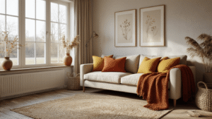 Kussens en Plaids: Zo Creëer Je Instant Sfeer in Elk Hoekje van Je Huis Fotorealistische Scandinavische woonkamer met een linnen bank, terracotta en mosterdgele kussens, een grove gebreide plaid, fluwelen accenten en keramische vazen met gedroogde grassen, verlicht door een warme wintermiddag.