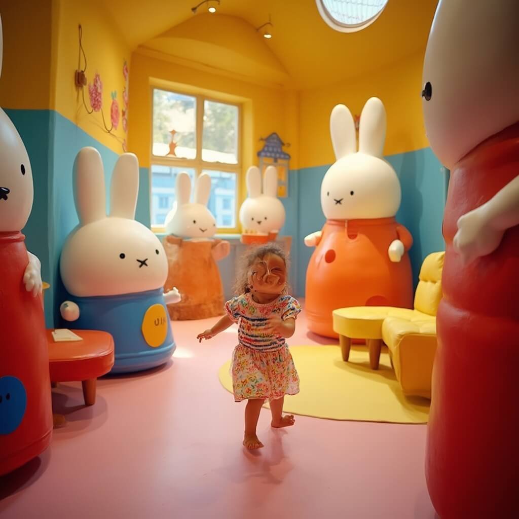 Ontdek de Coolste Uitjes met Kids: Waar Plezier en Avontuur Samenkomen! Een levendige en speelse museumscene in het Nijntje Museum met een kind in kleurrijke kleding dat danst door oversized kamers die de wereld van Miffy nabootsen, omringd door reusachtige meubels, vrolijke muurschilderingen en interactieve installaties, met een warme belichting die de vreugde en verwondering van het kind vastlegt.