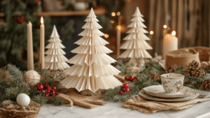 Kerstboom Vouwen: Van Simpel Papier tot Feestelijke Eyecatcher Hyperrealistisch afgebeeld Nederlands interieur met delicate gevouwen papieren kerstbomen, warme kaarsenlicht, en vintage tijdschriftpagina's in een minimalistisch Scandinavisch design, versierd met natuurlijke materialen en ambachtelijke details.