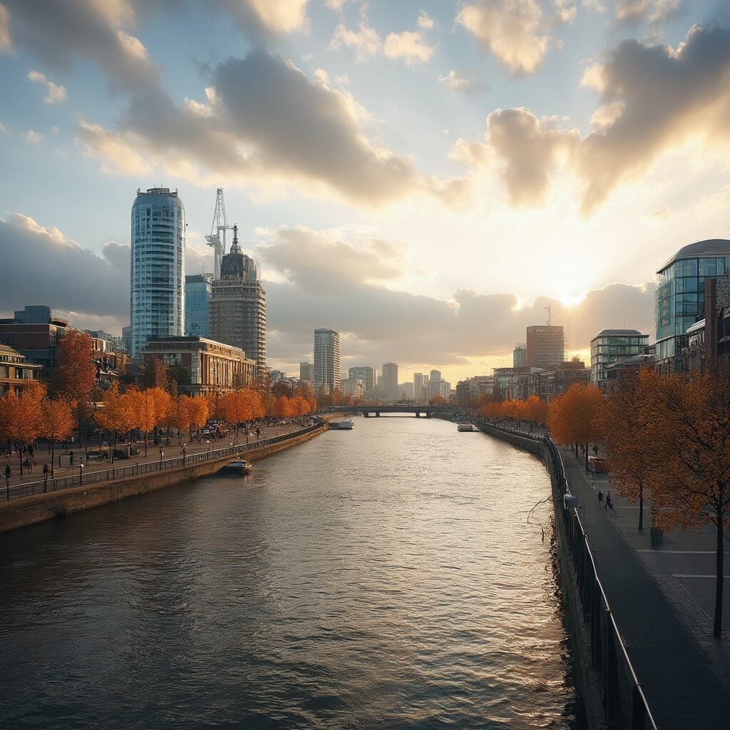 Expansive view of Rotterdam's Maas river at golden hour, showcasing modern glass towers and historic buildings along the waterfront, with autumn foliage and pedestrians on a cobblestone walkway, all reflecting in the calm river waters under a dramatic sky.