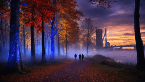 Herfstmagie in Rotterdam: Ontdek de Meest Adembenemende Activiteiten die Je Niet Mag Missen! A magical autumn scene in Kralingse Bos during "De Grote Schijn" light festival, featuring illuminated tall trees with vibrant fall foliage, ethereal mist, and silhouettes of people along a winding path, with the Erasmus Bridge in the misty background and a dramatic twilight sky.