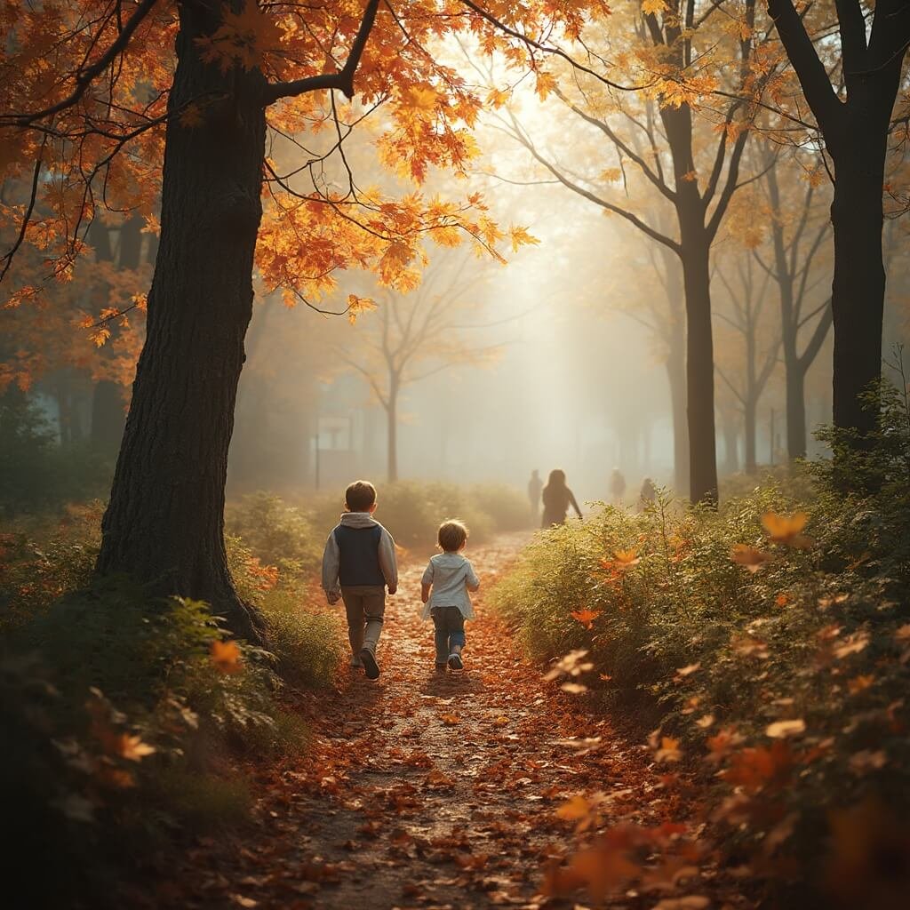 Hyperrealistisch herfstlandschap van een stadspark in Rotterdam, mistige ochtendlicht filtert door gouden en rode bladeren, kinderen wandelen op kronkelige bospaden en verzamelen paddenstoelen en kleurrijke bladeren, Nederlandse architectonische elementen op de achtergrond, zachte focus, realistische natuurfotografie stijl.