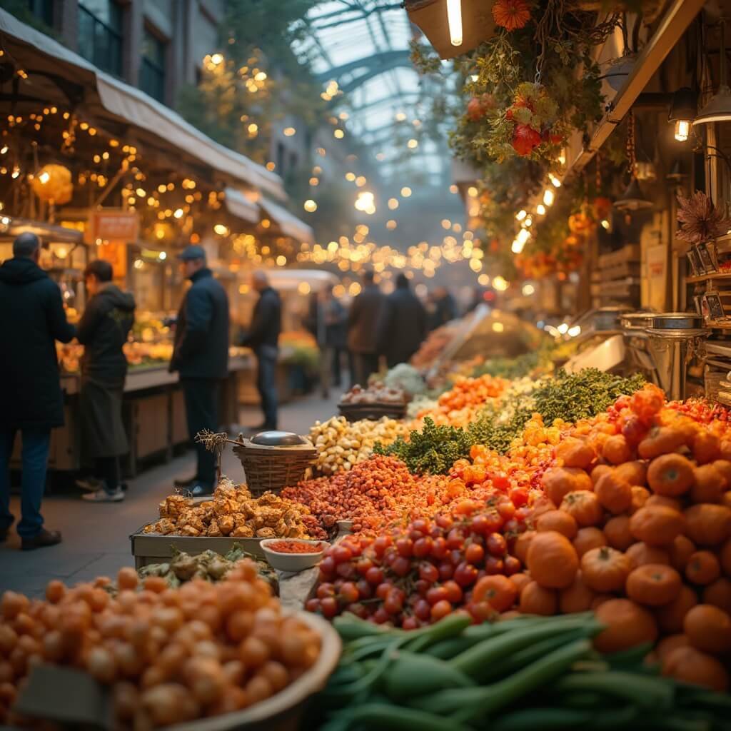 Vibrante binnen scène van de Rotterdamse Markthal, drukke voedselmarkt met seizoensgebonden herfstproducten, warme gouden-oranje verlichting, lokale Nederlandse boeren die verse seizoensgroenten en warme gerechten presenteren, mensen die culinaire displays verkennen, ingewikkelde architectonische details, macro voedsel fotografie stijl, zachte scherptediepte.