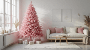 Roze Kerstboom: Zo Creëer Je Een Trendy Kerstsfeer in Huis Ultra-realistische woonkamer met pastelroze kunstkerstboom, zilver-witte ornamenten en minimalistisch Scandinavisch interieur, accentueert warme kerstsfeer en huiselijk comfort.