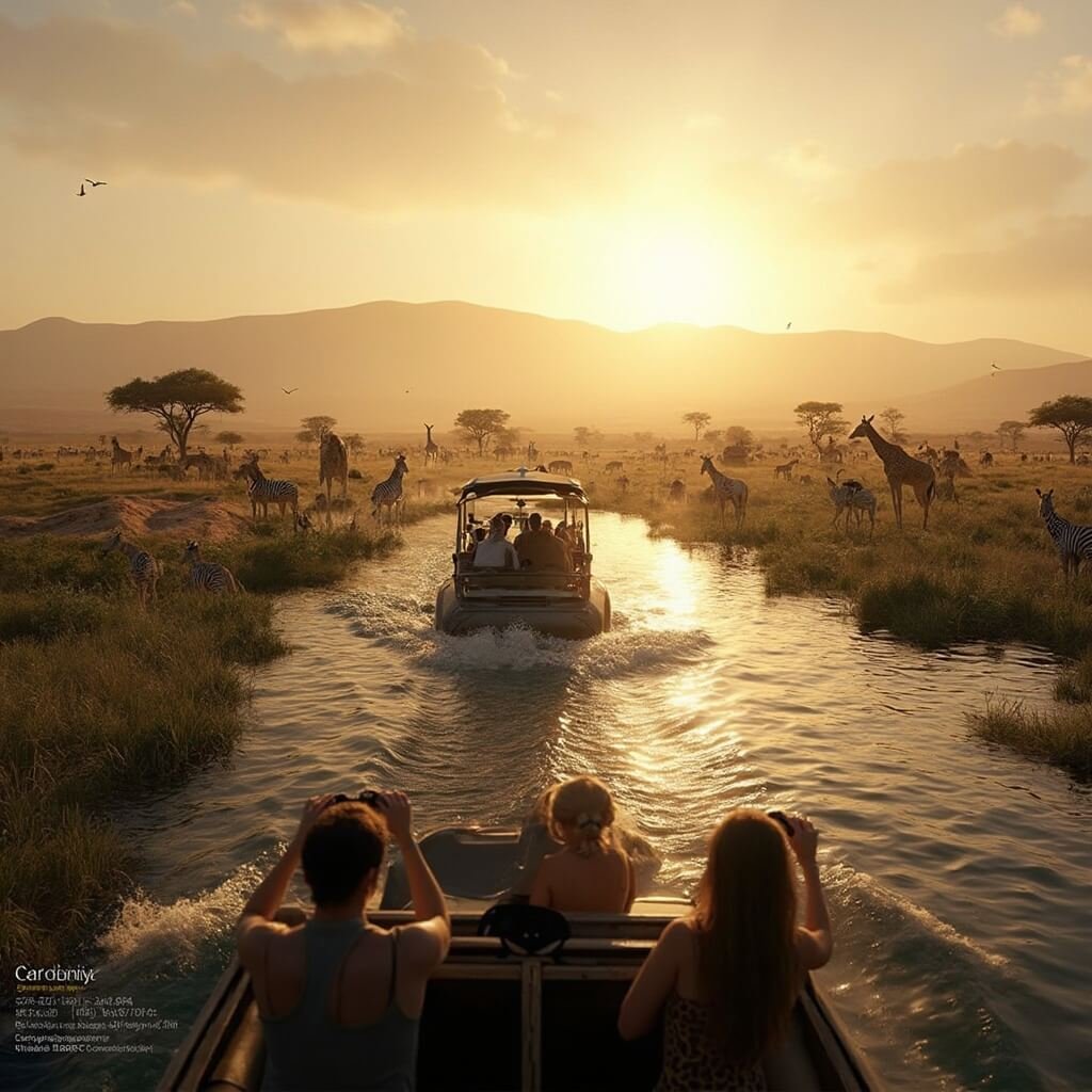Leuke Uitstapjes Nederland: Ontdek de Verborgen Parels van Nederlandse Pret! Fotorealistisch safari landschap in Beekse Bergen, met een safari boot die door een Afrikaanse savanne vaart. Gouden middaglicht, dieren zoals zebra's, giraffen en antilopen in natuurlijke omgeving, en passagiers met verrekijkers en camera's.
