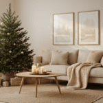 Gezellige Scandinavische woonkamer met een slanke groene kunstkerstboom, warme verlichting, beige bank, rustieke salontafel met kaarsen, en een sfeervol raam met avondlicht.