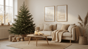 Smalle Kerstboom: Jouw Ultieme Gids voor Sfeervolle Kerstdecoratie in Kleine Ruimtes Gezellige Scandinavische woonkamer met een slanke groene kunstkerstboom, warme verlichting, beige bank, rustieke salontafel met kaarsen, en een sfeervol raam met avondlicht.