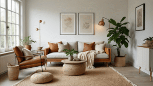 Interieuraccessoires Die Een Ruimte Transformeren: Mijn Eerlijke Gids Warme Scandinavische woonkamer met vintage leren fauteuil, aardetinten kussens, boogvloerlamp, galeriewand en grote monstera plant, sfeervol verlicht in gouden uurtje.