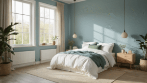 Slaapkamer Kleuren voor Rust en Slaap: Zo Kies Je de Perfecte Tint Serene slaapkamer met ijsblauwe muren, warm ochtendlicht, minimalistisch bed, licht eiken nachtkastje en saliegroen accentkussen, met een sfeer van Scandinavische eenvoud en rust.
