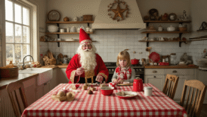 Sinterklaas knutselen: creatieve knutselideeën die je kinderen dolgelukkig maken Fotorealistisch interieur van een Nederlandse boerenkeuken met een houten eettafel bedekt met een rood-wit geruit tafelkleed, gevuld met Sinterklaas knutselmaterialen zoals wc-rollen, papier, watten, en gouden sterretjes, in een warme, gezellige sfeer tijdens het gouden uur.