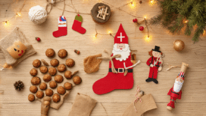 Sinterklaas Decoratie Knutselen: 25+ Creatieve Ideeën Voor Een Feestelijk Huis Gezellige Nederlandse woonkamer tijdens het gouden uur, met eiken houten tafel vol knutselmaterialen zoals een papieren schoenslinger, pepernoten, handgemaakte strokrans en beschilderde WC-rollen als Sint en Piet. Warme kleuren en zachte schaduwen creëren een DIY-sfeer.