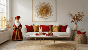 Sinterklaas Decoratie: Zo Maak Ik Mijn Huis Echt Feestelijk Hyperrealistische Nederlandse woonkamer voor Sinterklaas met gouden zonnestralen, minimalistische witte bank met rood-gouden kussens, vintage Sinterklaas figuur, papieren slingers, pepernoten in keramische kom, gedempte goud- en dieprode tinten, zachte bokeh verlichting en gezellige ambiance.