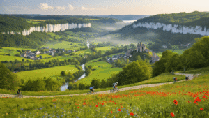 Ontdek de Magische Uitstapjes van Zuid-Limburg: Jouw Ultieme Avontuurlijke Gids! A panoramic landscape of South Limburg showcasing rolling hills, the Geul river, limestone cliffs, cyclists on winding roads, hikers in forests, Valkenburg castle ruins, traditional houses, vibrant wildflower meadows, and morning mist, all illuminated by warm sunlight.