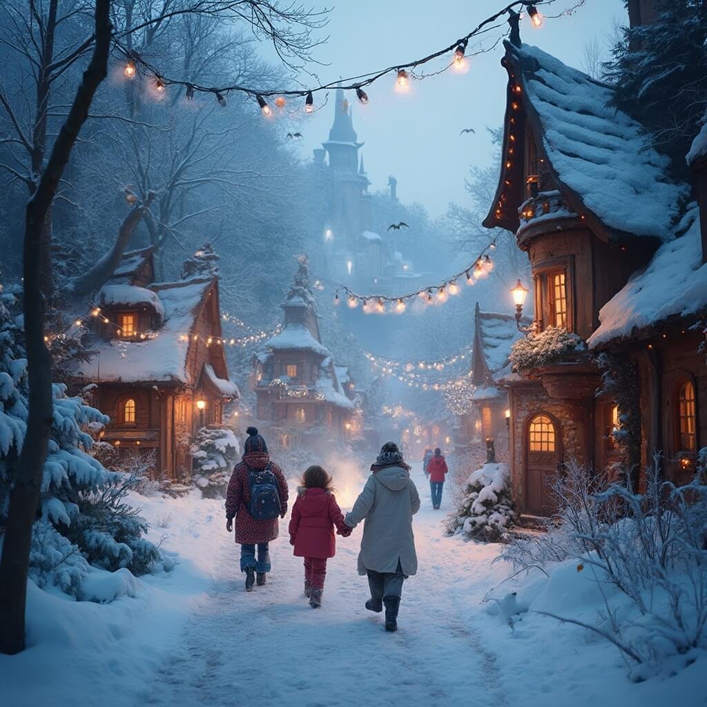 Ontdek de Coolste Uitjes met Kids: Waar Plezier en Avontuur Samenkomen! Een betoverend winterlandschap in De Efteling, met sneeuwbedekte sprookjesachtige gebouwen, twinkelende lichten en mistige atmosfeer. Gezinnen wandelen door verlichte paden, met kinderen in kleurrijke winterkleding. Houten sprookjeshuizen en magische wezens zijn gedeeltelijk verborgen in de sneeuw, met sfeervolle kampvuren op de achtergrond.