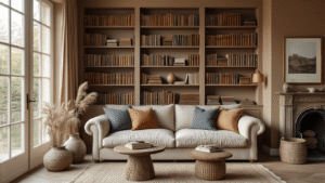 Boekenplanken Stylen en Organiseren: Zo Creëer Je Een Instagram-Waardige Boekenkast Een fotorealistische Nederlandse woonkamer met gestylede boekenplanken, kleurgeorganiseerde boeken, een warme taupe muur, natuurlijk licht, bronzen boekensteunen, keramische vetplant, vintage bronzen uil sculptuur, en decoratieve kaarsen, met een uitnodigende sfeer en aandacht voor visuele rust.