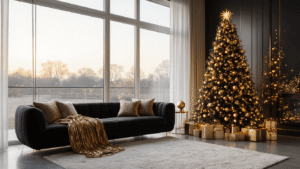 Kerstboom Goud Zwart: Zo Creëer Je Een Luxe Kerstsfeer in Huis Luxe moderne woonkamer met zwarte kerstboom versierd met gouden ornamenten, verlicht door warme LED-lampen en zonsonderganglicht, met dramatische schaduwen op marmeren vloer en elegante decoraties.