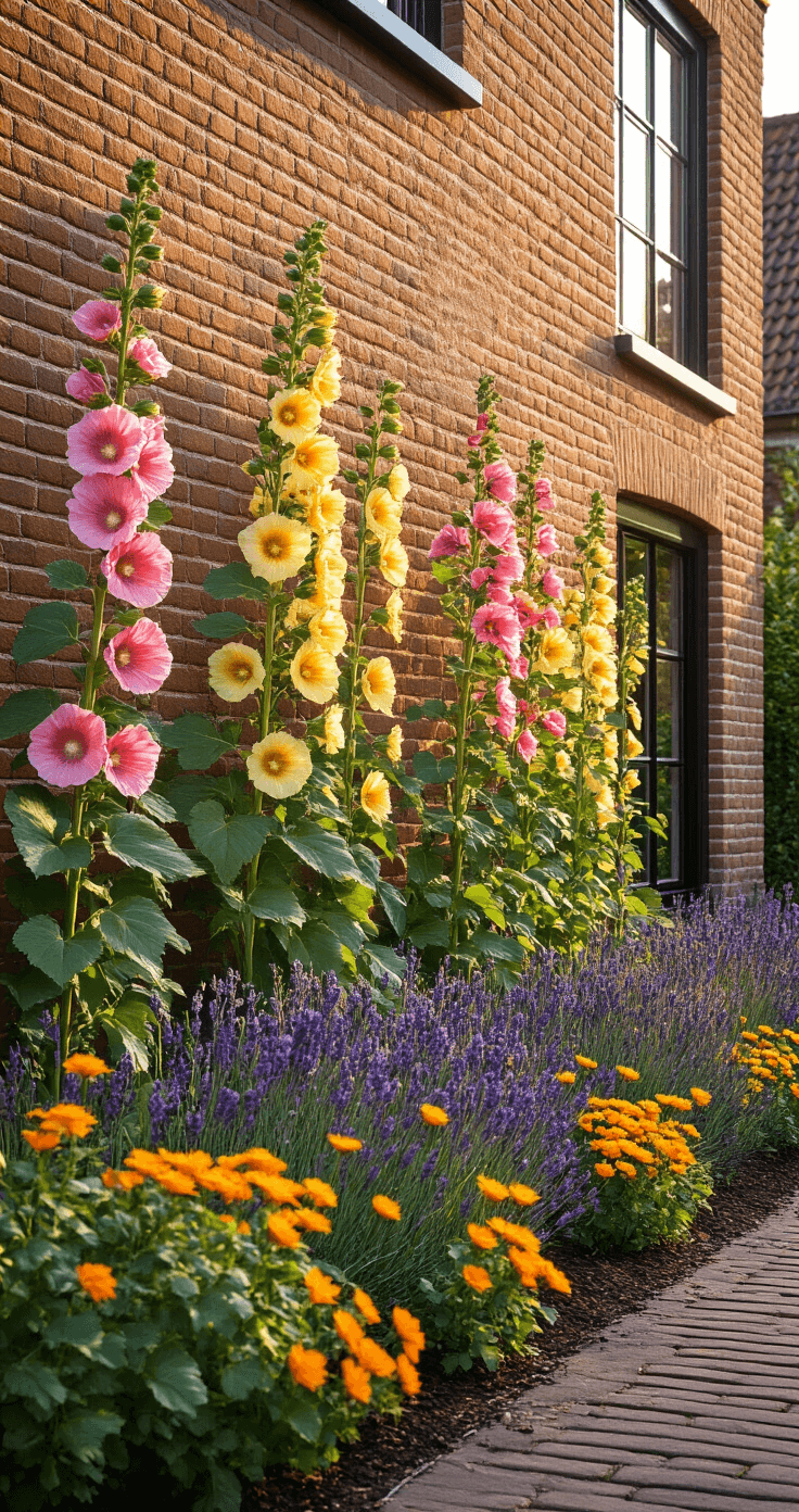 Hoe je een geveltuin aanpakt: bloemen en groen tegen je voorgevel Photorealistic image of a Dutch garden at golden hour, featuring a traditional brick wall, tall pink and yellow hollyhocks, purple lavender bushes, and bright orange calendula flowers in rich terracotta soil, with bees buzzing among the blooms.