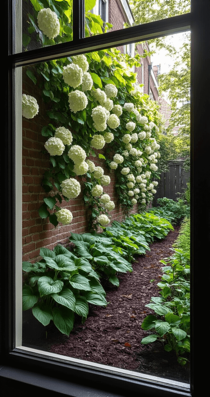 Hoe je een geveltuin aanpakt: bloemen en groen tegen je voorgevel Interieur met uitzicht op een schaduwachtige noordelijke tuin door grote ramen, met een lang rechthoekig plantenbed gevuld met klimmende hortensia's, grote bladeren van hosta's en burgundy heuchera's in een traditionele Nederlandse raamstijl, onder zachte ochtendverlichting.