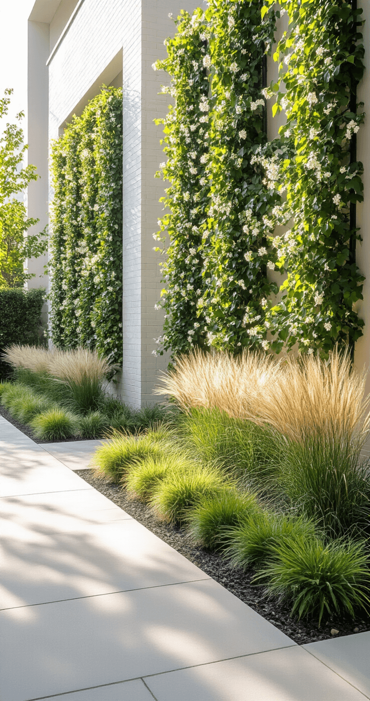 Hoe je een geveltuin aanpakt: bloemen en groen tegen je voorgevel Professionele landschapsfotografie van een hedendaags tuinontwerp met verschillende beplantingszones in het middaglicht. Brede opname vanaf het trottoirniveau toont een gestructureerd laag-systeem: wandmonsters met klimrekken voor jasmijn, siergrassen in het midden en laagblijvende borderplantjes in geometrische opstelling. Licht zandgrond met decoratieve stenen paden. Moderne witgeschilderde muur met strakke lijnen. Lage camerapositie benadrukt hoogteverschillen van de planten, met helder natuurlijk licht dat textuurcontrasten accentueert en een verfijnde stedelijke tuin esthetiek creëert.