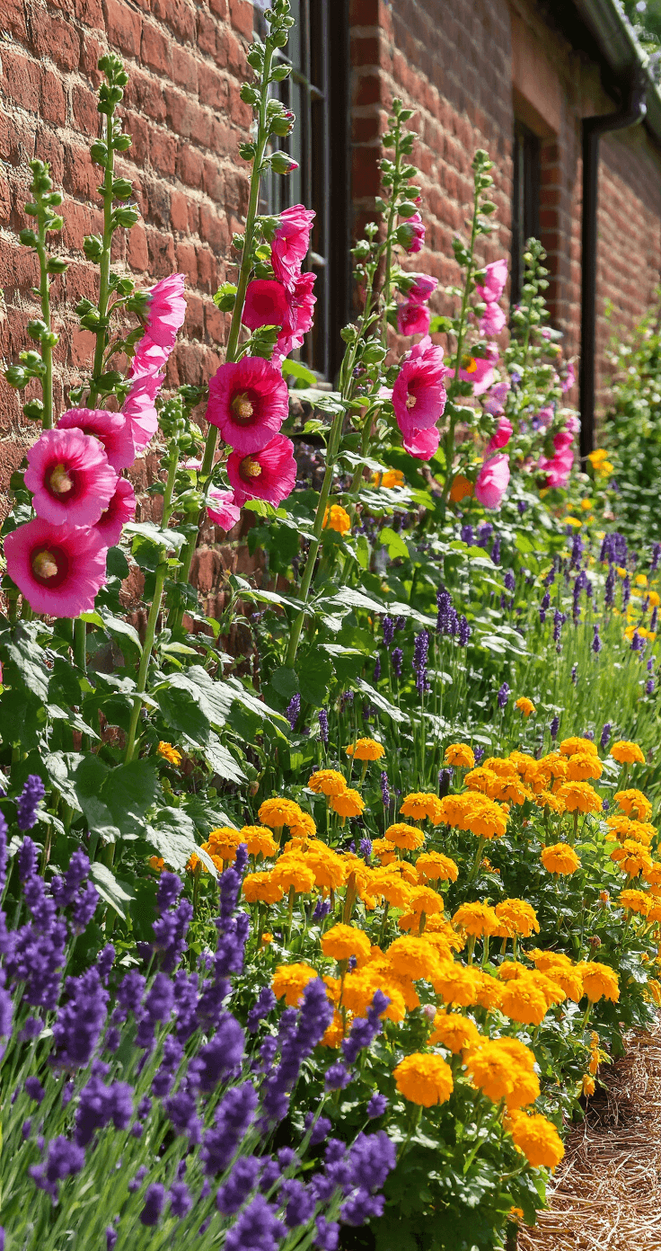 Hoe je een geveltuin aanpakt: bloemen en groen tegen je voorgevel Dichtbijopname van een weelderige zonnige geveltuin in volle zomerbloei, met torenhoge roze stokrozen, geurige paarse lavendelstruiken, en gouden gemberbollen op een achtergrond van verweerd rode bakstenen muur.