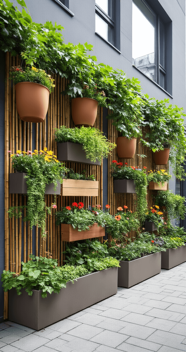 Hoe je een geveltuin aanpakt: bloemen en groen tegen je voorgevel Wide angle view of a creative container garden arrangement at a rental property, featuring varied height planters with climbing plants, seasonal flowers, and hanging baskets against a modern gray apartment building with large windows, set on concrete paving with asymmetrically arranged portable containers in daylight.