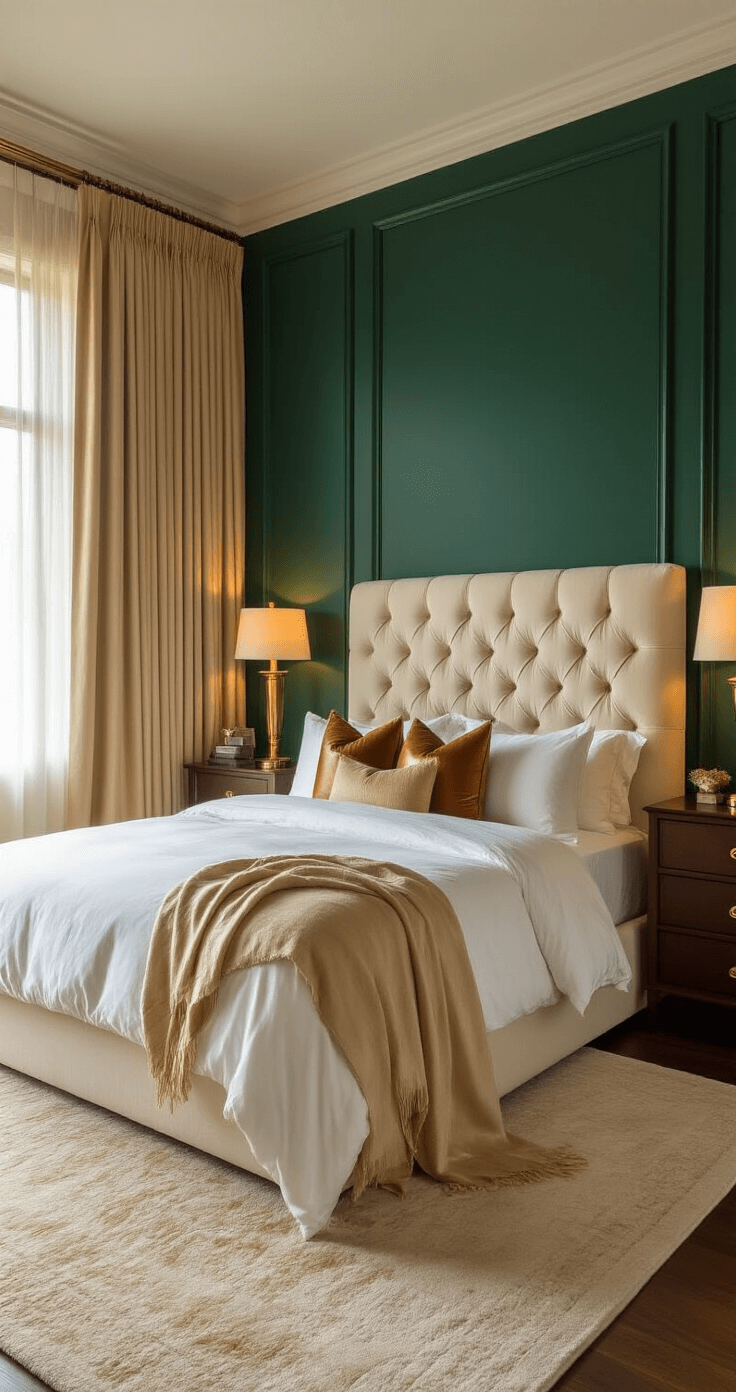 Warme Luxe Slaapkamer Inspiratie: Van Gewoon naar Wauw! Luxueuze slaapkamer met een rijksmaragdgroene accentwand achter een oversized crèmekleurig fluwelen hoofdbord, verlicht door warm amberkleurig licht dat door zware champagnekleurige fluwelen gordijnen strijkt.