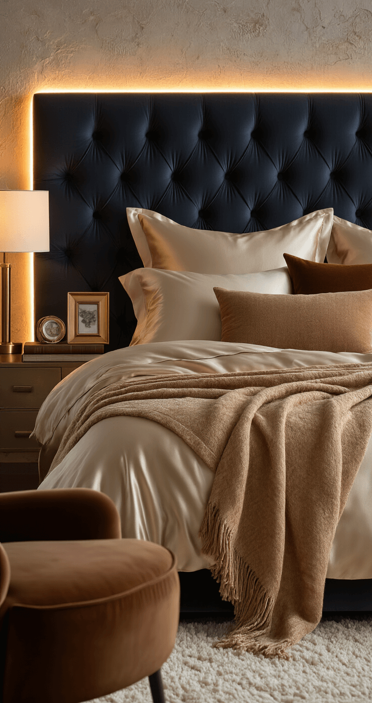 Warme Luxe Slaapkamer Inspiratie: Van Gewoon naar Wauw! Intieme close-up van een slaapkamerscene met luxe materialen, waar zacht LED-achterlicht achter een donkerblauwe, getufte hoofdbord een textuurmuur accentueert. Op de voorgrond liggen zijde beddengoed in champagnetinten en een caramelbruine cashmere dekentje. Een messing tafellamp met een cilindervormige lampenkap werpt een warme cirkel licht op leren boeken en kleine gouden fotolijsten op het nachtkastje. Een diep cognacbruine fluwelen accentstoel is gedeeltelijk zichtbaar en de hoge pile crème tapijttextuur is prominent in de onderkant van het beeld. Het beeld is vanuit een laag perspectief op bedhoogte genomen, waardoor de materialen en warme 2200K ambiance goed tot hun recht komen.