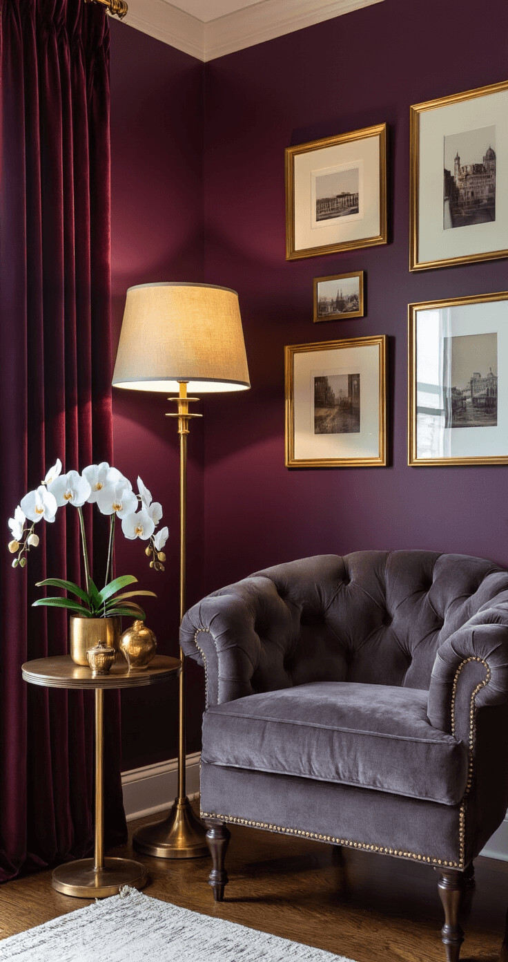 Warme Luxe Slaapkamer Inspiratie: Van Gewoon naar Wauw! Sfeervolle slaapkamerhoek met aubergine paarse muren, een elegante messing vloerlamp met crème linnen kap, een tufted antracietgrijze fauteuil, een galerijwand met gouden fotolijsten, diepe bordeauxfluwelen gordijnen en een gepolijst walnootbijzettafeltje met bronzen decoratieve voorwerpen en verse witte orchideeën.