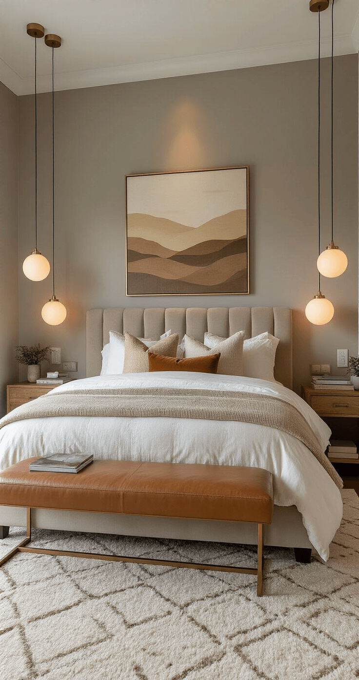 Warme Luxe Slaapkamer Inspiratie: Van Gewoon naar Wauw! Overzicht van een ruime slaapkamer met warme antracietgrijze muren, een oversized champagne fluwelen hoofdbord, bijpassende messing hanglampen, en luxe beddengoed in crèmekleurige, taupe en zachtgouden tinten.