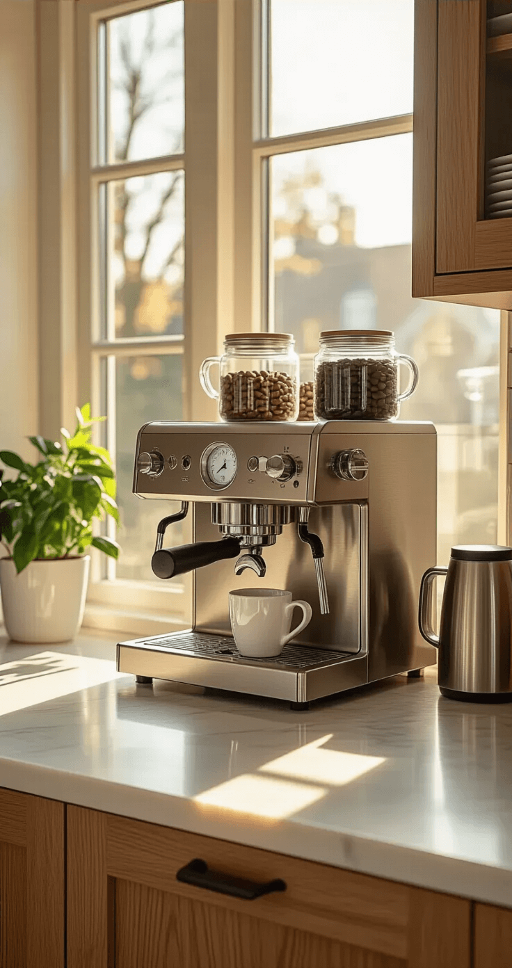 De Perfecte Koffiehoek in Je Keuken Creëren: Van Chaos naar Koffiehemel Cinematographic view of a Dutch kitchen coffee station featuring a white marble countertop, warm oak cabinets, a stainless steel espresso machine, and glass coffee bean jars, illuminated by natural morning light.