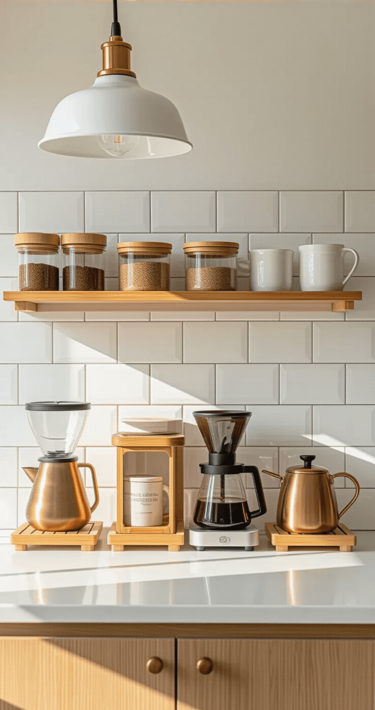 De Perfecte Koffiehoek in Je Keuken Creëren: Van Chaos naar Koffiehemel Minimalist Dutch coffee corner featuring bamboo organization system on a white countertop, with a filter coffee maker, wooden storage containers, and a copper kettle, illuminated by bright afternoon light and pendant lighting.