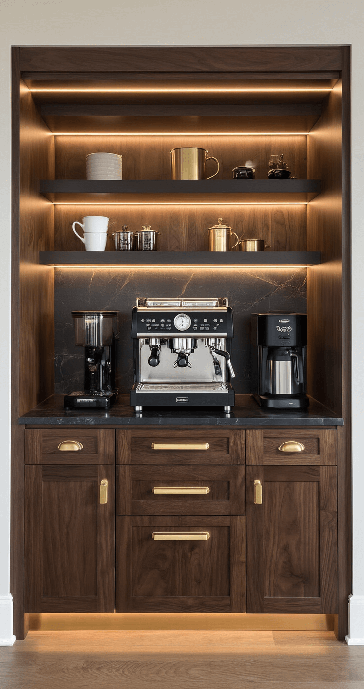 De Perfecte Koffiehoek in Je Keuken Creëren: Van Chaos naar Koffiehemel Luxueuze ingebouwde koffiecorner met professionele apparatuur in op maat gemaakte kasten, belicht door LED-stripverlichting en voorzien van een zwart granieten aanrecht met watervallend ontwerp.