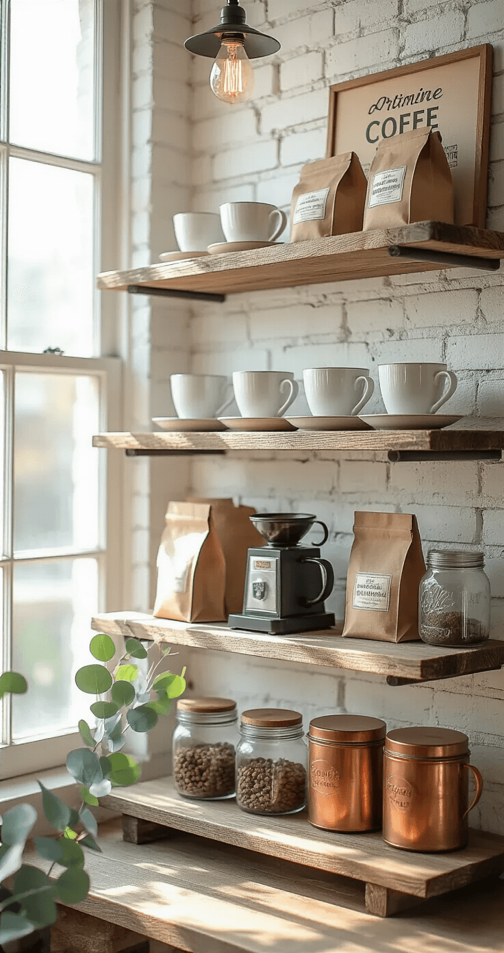 De Perfecte Koffiehoek in Je Keuken Creëren: Van Chaos naar Koffiehemel Charmante open werkplek met koffieshow op rustieke houten planken, gevuld met vintage koffiekopjes, ambachtelijke koffiezakken en koperen accessoires, verlicht door natuurlijk middaglicht en gefilterd door een raam.