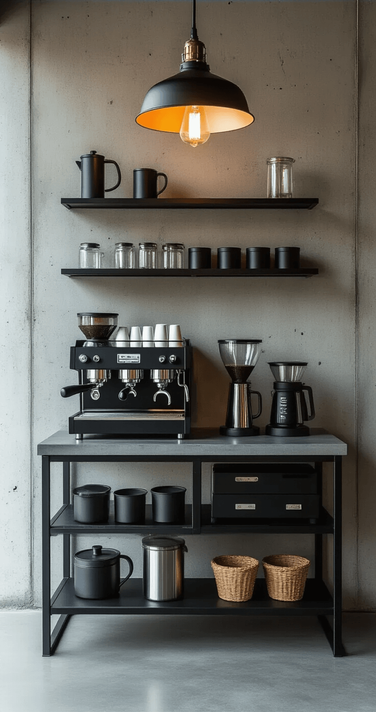 De Perfecte Koffiehoek in Je Keuken Creëren: Van Chaos naar Koffiehemel Moderne industriële koffiestation met een strak zwart en staal ontwerp tegen een betonnen muur. Matzwarte espressomachine met chroomdetails op een gepolijste betonwerkblad. Geometrisch zwart metalen planksysteem met nauwkeurig georganiseerde koffievoorzieningen. Industiële hanglamp met blootgestelde gloeilamp voor dramatische verlichting. Minimalistische en schone lijnen creëren een verfijnde, stedelijke koffiebar sfeer.