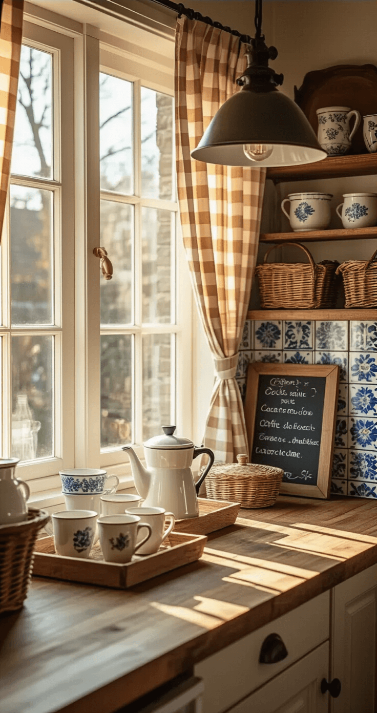 De Perfecte Koffiehoek in Je Keuken Creëren: Van Chaos naar Koffiehemel Cozy Dutch coffee corner in a farmhouse-style kitchen featuring warm wood tones, vintage décor, mismatched antique coffee cups, and soft morning light highlighting a butcher block countertop and Delft tile backsplash.