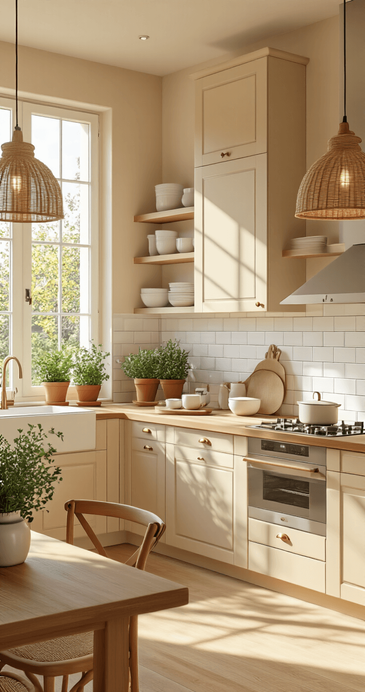 Beige Keuken: Tijdloze Elegantie die Nooit Uit de Mode Raakt Fotorealistisch keukeninterieur in mediterrane stijl met zandbeige kasten, groot zuidgericht raam dat ochtendlicht binnenlaat, lichte eikenhouten werkbladen, witte subwaytegels, natuurlijk geweven hanglampen en terracotta kruidenpotten op de vensterbank.