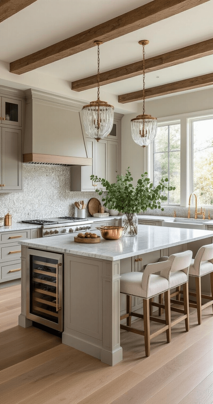 Beige Keuken: Tijdloze Elegantie die Nooit Uit de Mode Raakt Luxe greige keukeninterieur in een open concept van 5x4 meter met Shaker-stijl kasten, Carrara marmeren eiland, natuurstenen mozaïekachterwand, houten balkenplafond en een grote kristallen lamp.