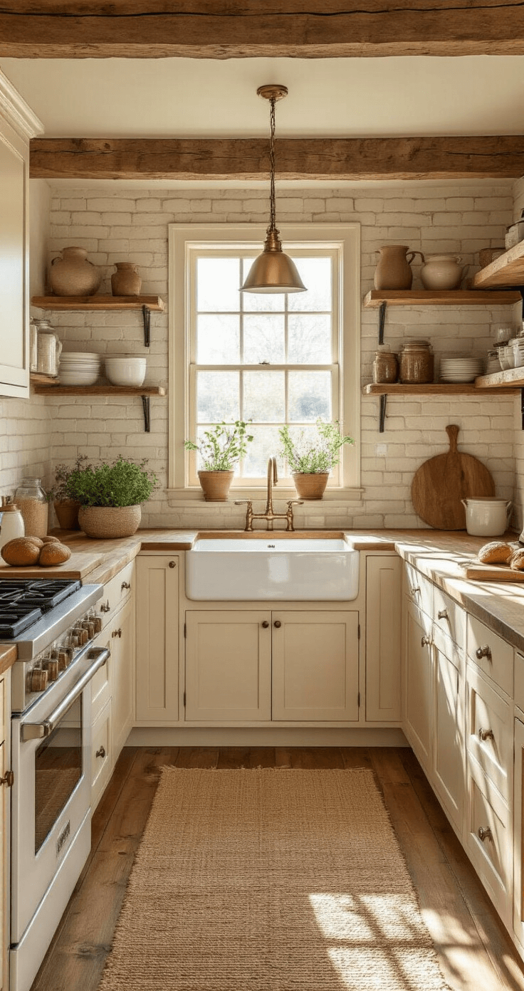 Beige Keuken: Tijdloze Elegantie die Nooit Uit de Mode Raakt Gezellige beige en natuurlijk houten keuken in cottage-stijl met een rustieke uitstraling, verlicht door de ochtendzon om 8 uur. Crème geschilderde kasten, hergebruikt houten planken, live-edge walnoten werkbladen en een warme stenen backsplash. Vintage brass hanglampen en een geweven jute loper, met kruiden in verzinkte potten. Open houten balken plafond en breedplank dennen vloeren. Boerderij-wasbak met vintage kraan, houten snijplanken en keramische bus in aardetinten. Verse brood op een marmeren deegplank, gefotografeerd vanuit de ontbijt-hoek in zacht diffuus natuurlijk licht.
