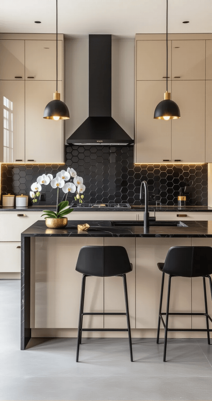Beige Keuken: Tijdloze Elegantie die Nooit Uit de Mode Raakt Moderne beige keuken met dramatische zwarte accenten in een indeling van 4,5x3,8 meter tijdens avondlicht om 19:00 uur, hoogglans beige kastdeuren, matte zwarte keukeneiland, zwart granieten werkbladen met gouden aders, zwarte hexagonale tegelachterwand, statement zwarte afzuigkap, zwarte hanglampen met gouden binnenkant, zwarte kastgrepen, gepolijste betonnen vloeren in lichtgrijs, witte muren met subtiele textuur, verse witte orchideeën als blikvangers, professionele zwarte roestvrijstalen apparaten, geïntegreerde wijnopslag, minimalistische zwarte barkrukken en sfeervolle verlichting.
